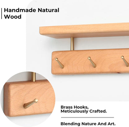 Shelf with Hooks, Solid Wood Bedroom Shelves for Wall, Wooden Coat Rack Wall Mount for Bathroom