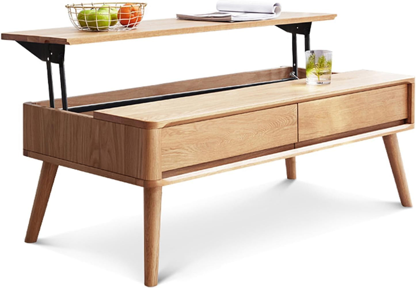 100% Solid Wood Lift Top Coffee Table for Living Room, Mid Century Modern Tables with Drawers and