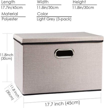 PRANDOM Large Foldable Storage Bins with Lids [3-Pack] linenFabric Decorative Storage Boxes