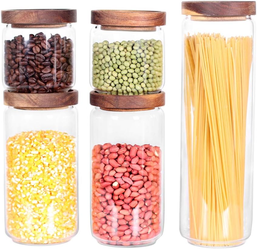 Glass Canisters Set of 5 for the kitchen, Glass Storage Container jars with Airtight Acacia Lid for
