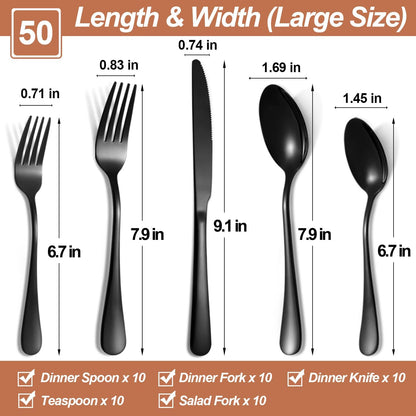 Lazycorner 50 Pcs Black Silverware Set for 10, Mirror Polished Flatware Set Stainless Steel Fork
