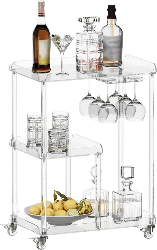 HMYHUM Acrylic Bar Cart with 4 Lockable Wheels, 3 Tier Clear Serving Cart with Glass Holder