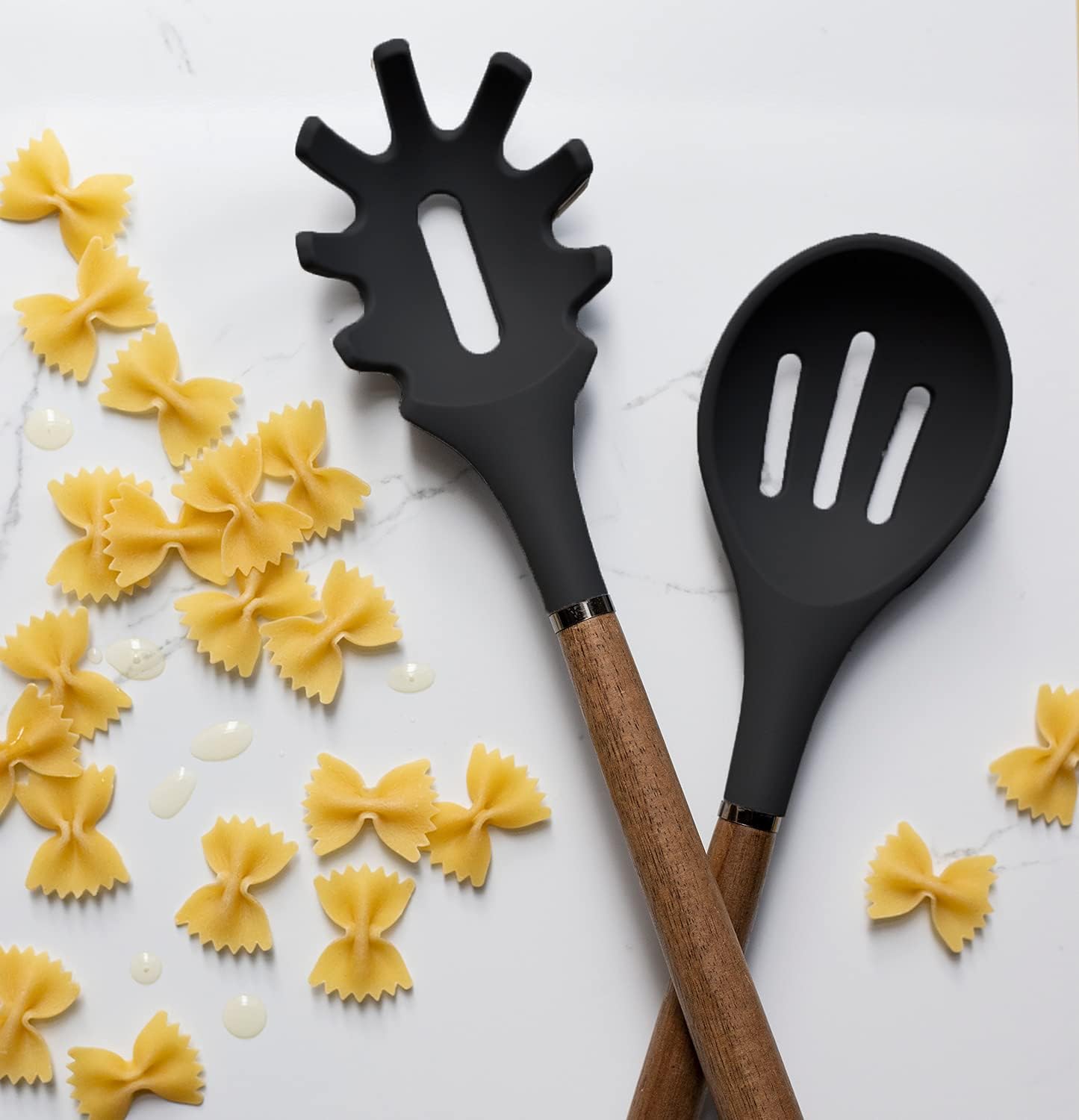Country Kitchen Non Stick Silicone Utensil Set with Rounded Wood Handles for Cooking and Baking, 8