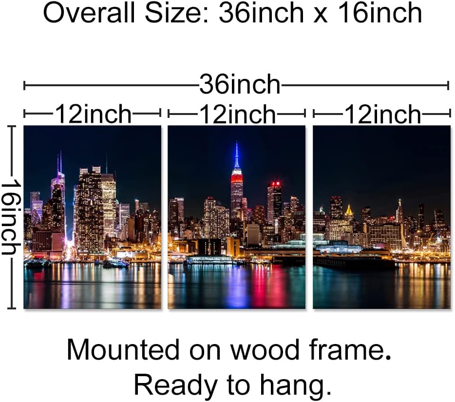 Biuteawal New York City Canvas Wall Art Manhattan Skyline Night View Picture Painting Modern Giclee