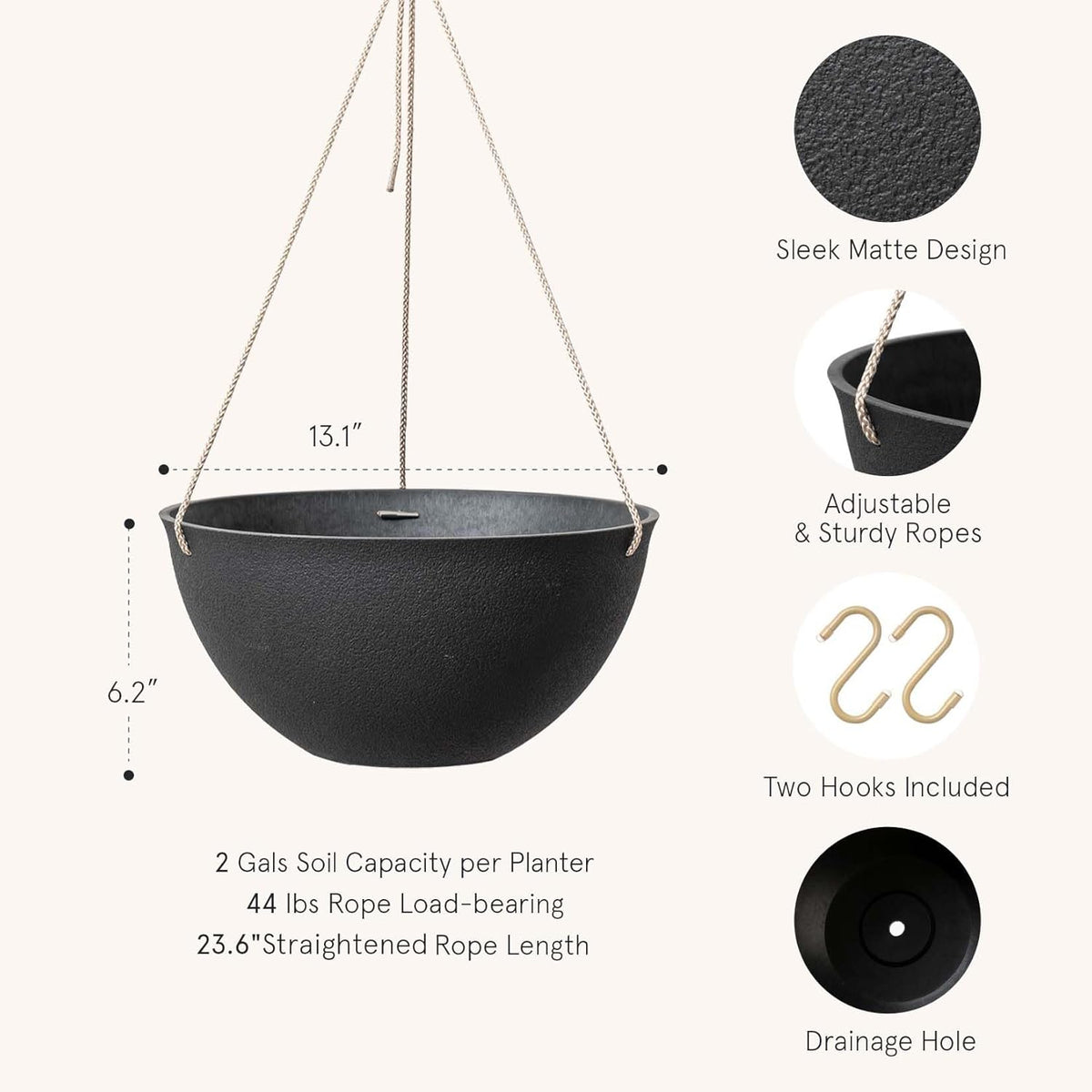 LA JOLIE MUSE Hanging Planters for Outdoor Plants, Large Hanging Planter with Drain Holes, Black