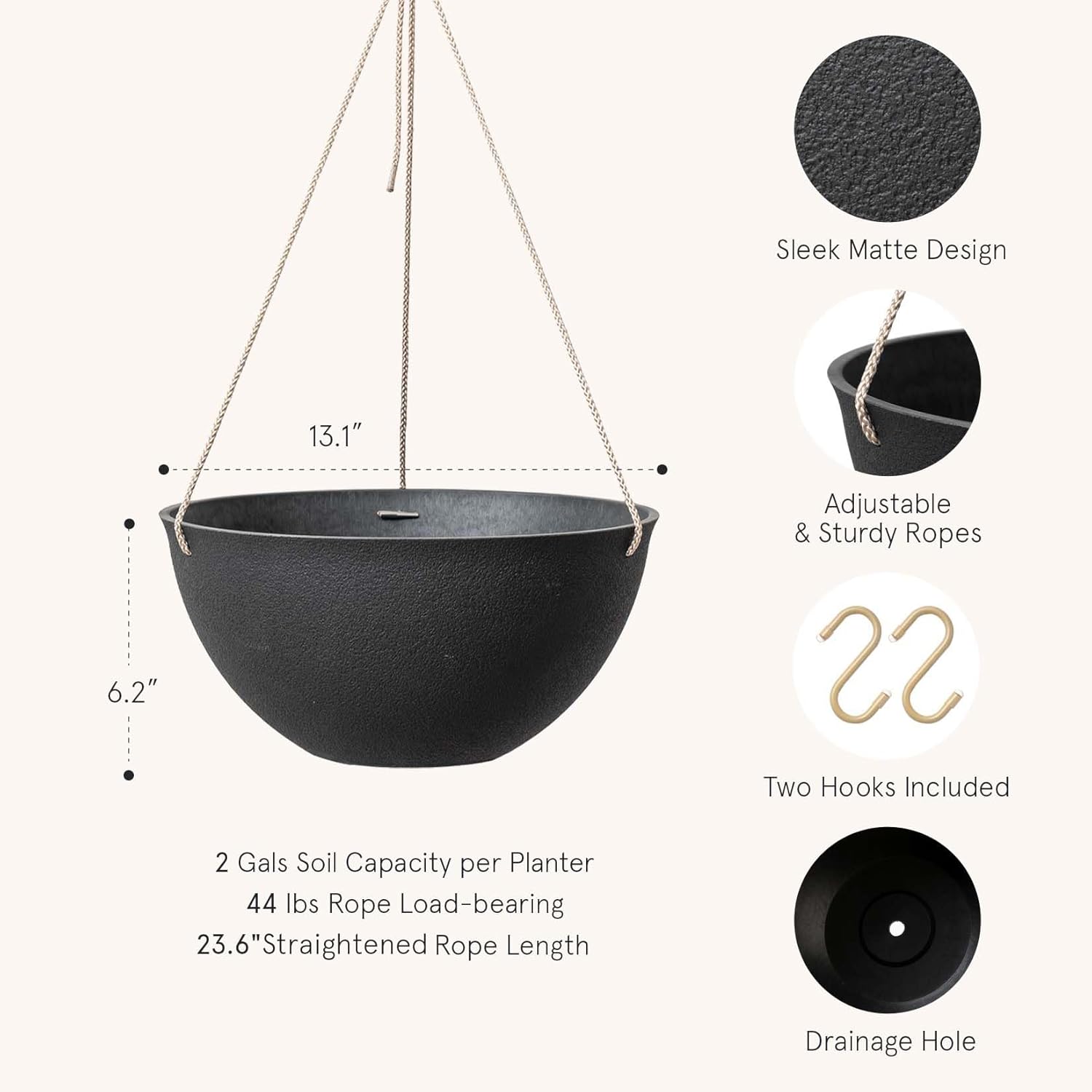 LA JOLIE MUSE Hanging Planters for Outdoor Plants, Large Hanging Planter with Drain Holes, Black