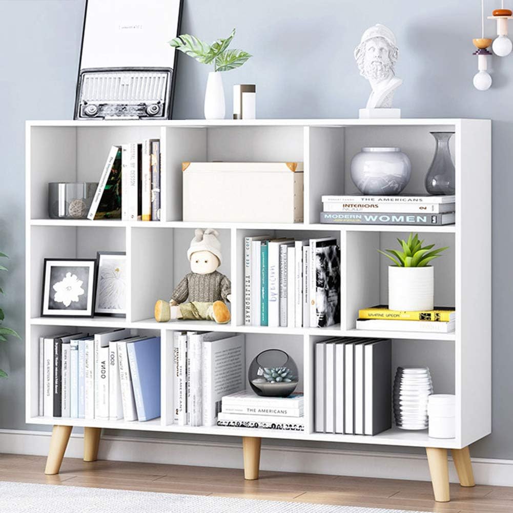 IOTXY Wooden Open Shelf Bookcase - 3-Tier Floor Standing Display Cabinet Rack with Legs, 10 Cubes