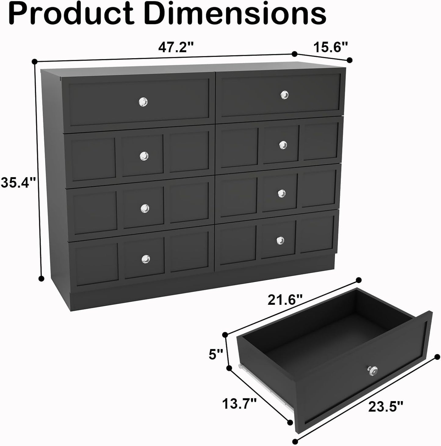 Wood Dresser for Bedroom 8 Drawer: 47" Black Chest of Drawers Wood, Modern Fluted Cabinet with