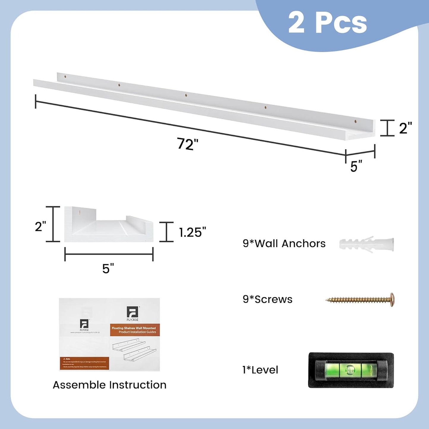 Picture Ledge Shelf, Floating Shelves Set of 2, Solid Pine Wood 72'' Long Large Nursery Book