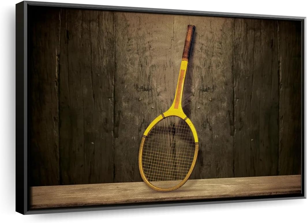 ElephantStock Vintage Tennis Racket Wall Art - Horizontal Framed Canvas - 1-Piece Living Room Wall