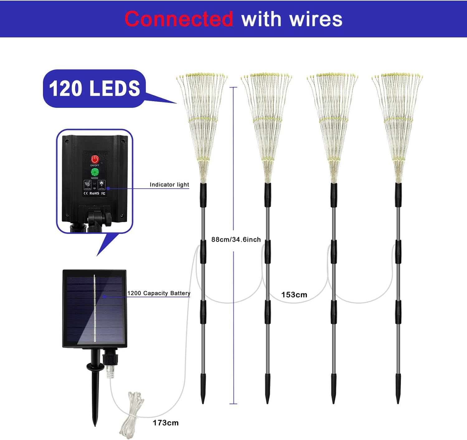 Outdoor Solar Garden Lights, 4 Pack 120 LED Copper Wire Waterproof Garden Fireworks Lamp with