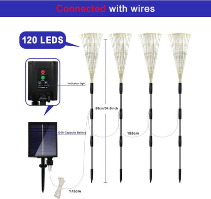 Outdoor Solar Garden Lights, 4 Pack 120 LED Copper Wire Waterproof Garden Fireworks Lamp with