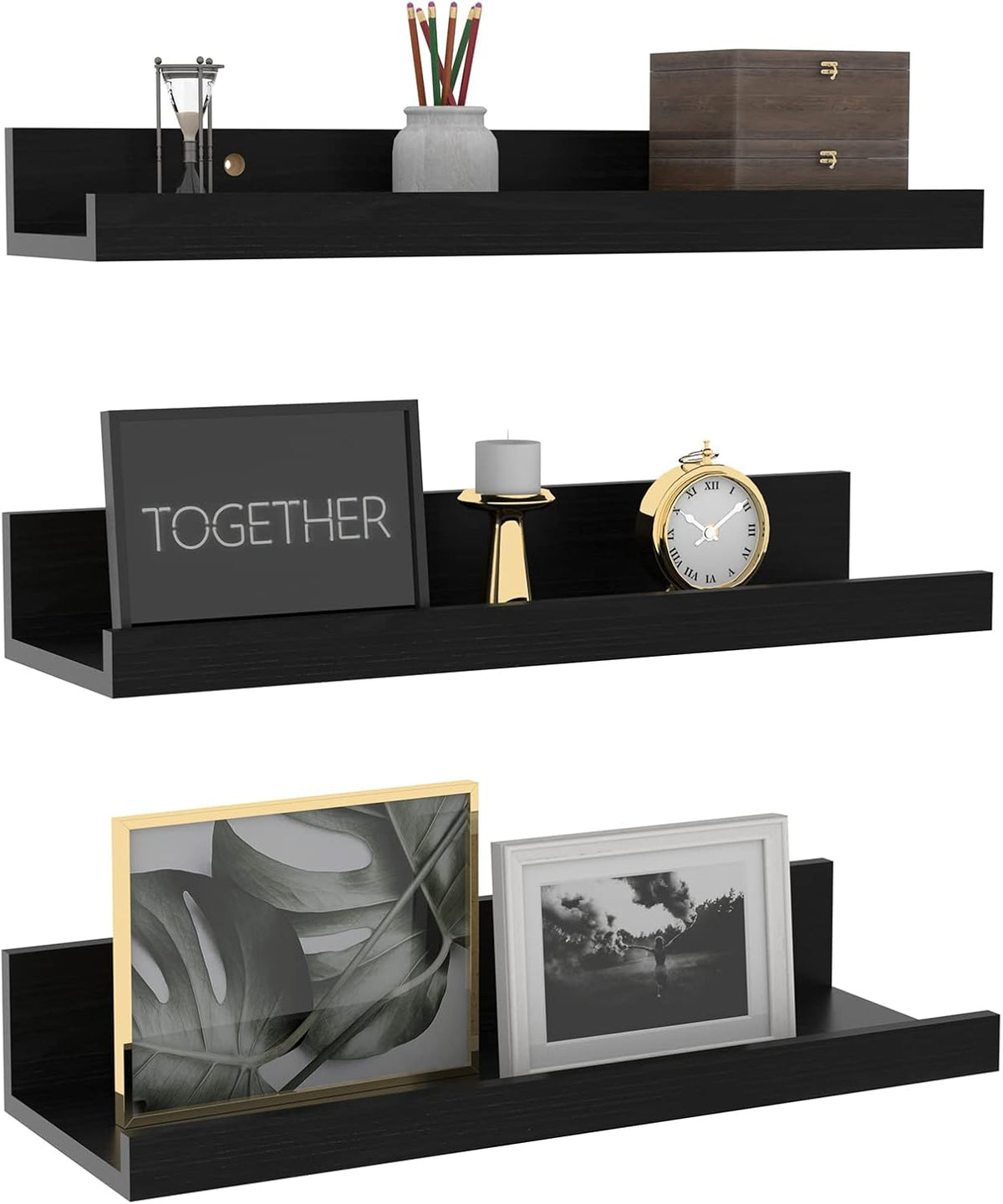 Giftgarden 16 Inch Black Floating Shelves for Wall Mount, Woodgrain Wall Shelf Ledge for Bathroom