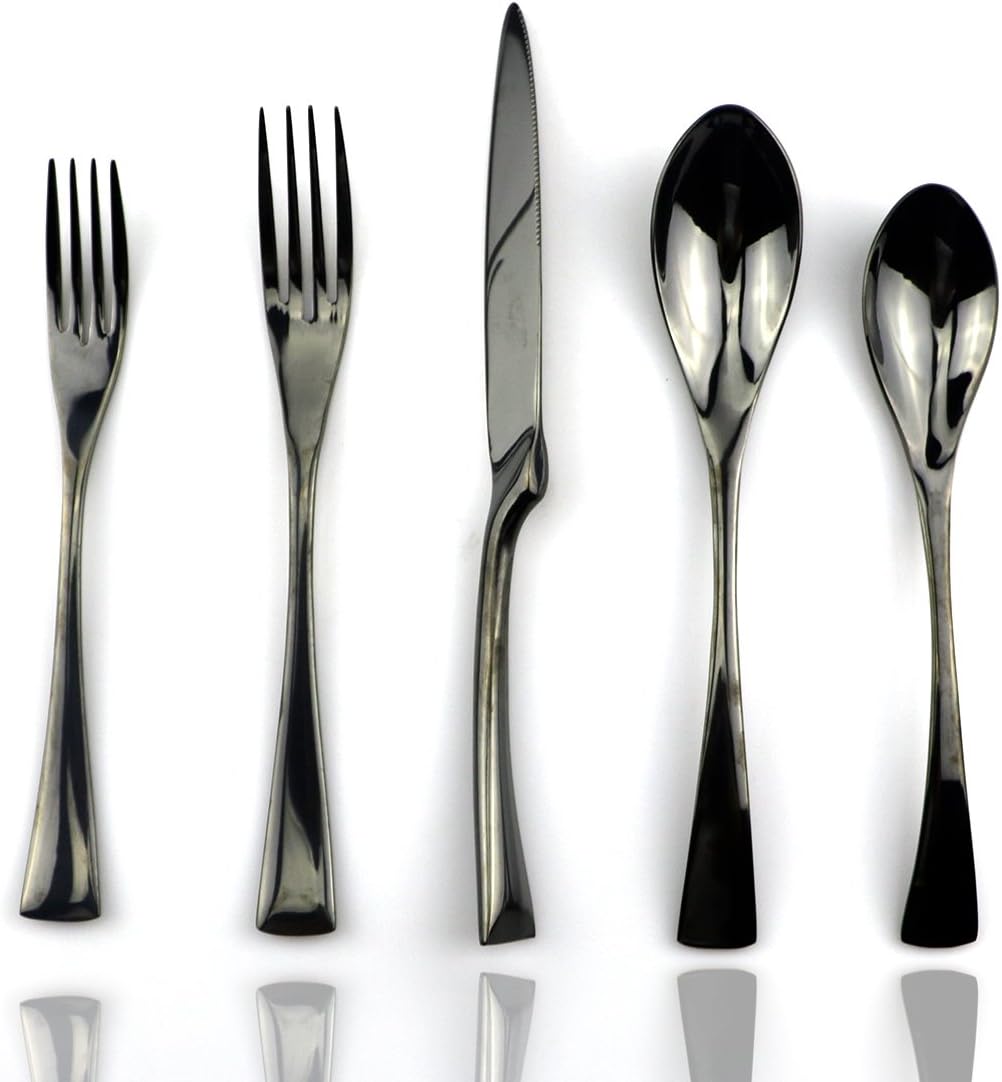 JASHII 18/10 Stainless Steel 20 Piece Mirror Polished Black Flatware Set,Dinner Knife Fork Salad