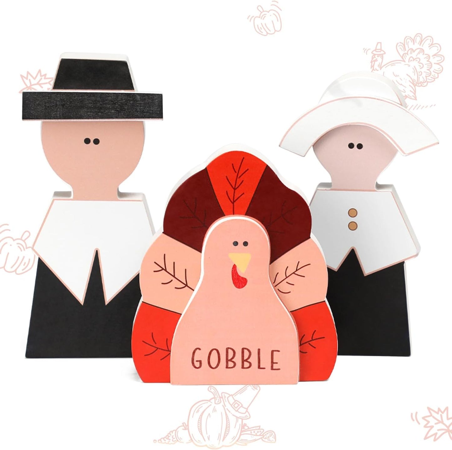 Amorita Fall Thanksgiving Decorations Wooden Turkey Pilgrim Couple Table Sign 3 Pcs Fall