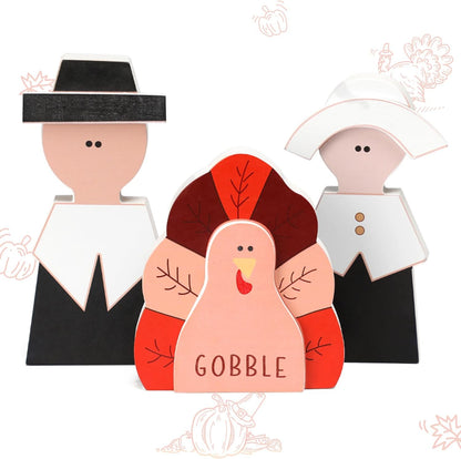 Amorita Fall Thanksgiving Decorations Wooden Turkey Pilgrim Couple Table Sign 3 Pcs Fall
