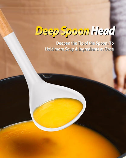 Silicone Pasta Fork and Ladle Spoon Set with Wooden Handle, Heat Resistant Non Stick Kitchen