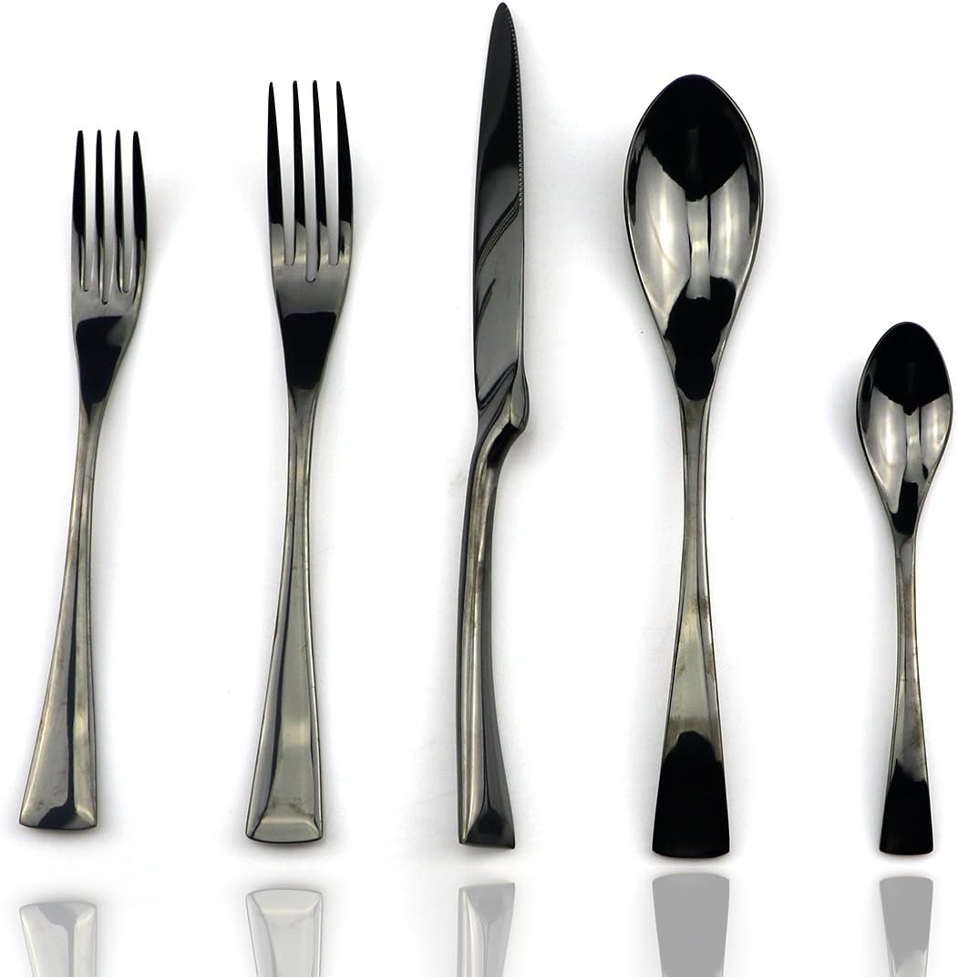 JASHII 18/10 Stainless Steel 20 Piece Mirror Polished Black Flatware Set,Dinner Knife Fork Salad