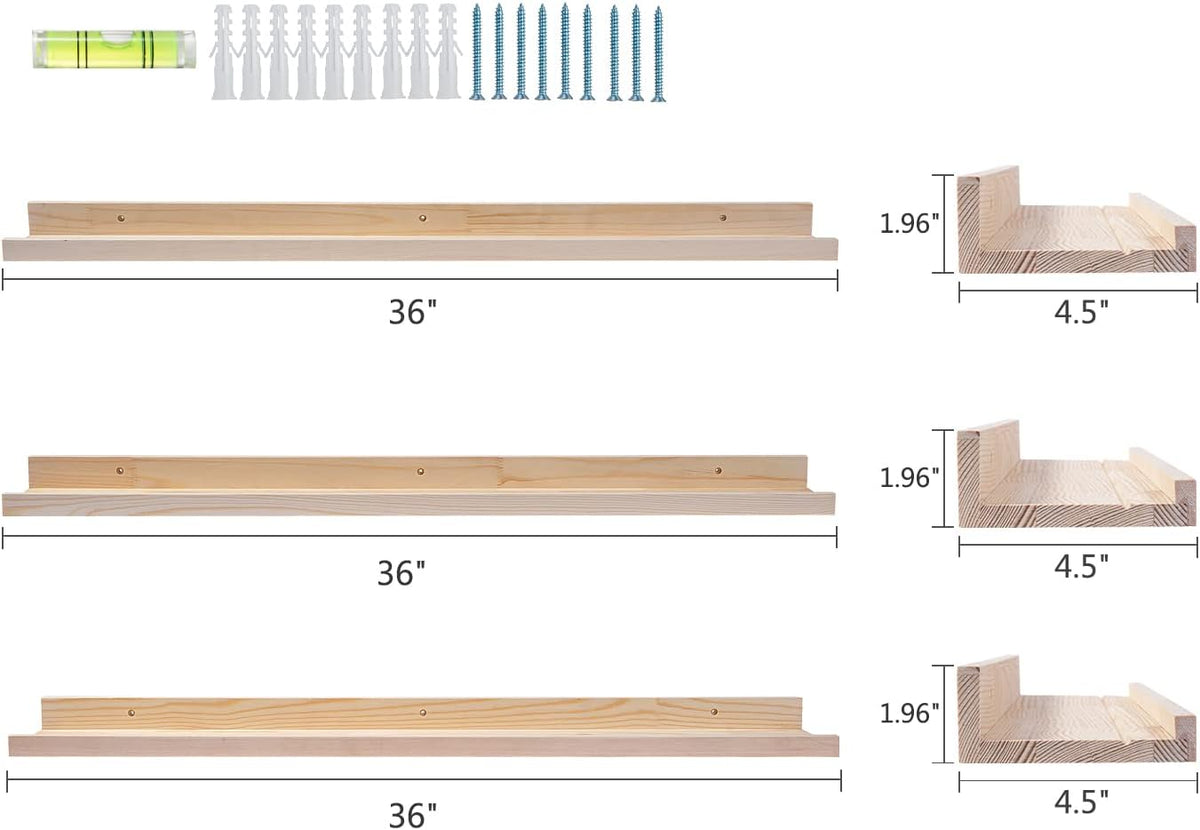 AZSKY 36 Inch Picture Ledge Shelf Solid Wood Large Floating Shelves Wall Mounted Rustic Natural