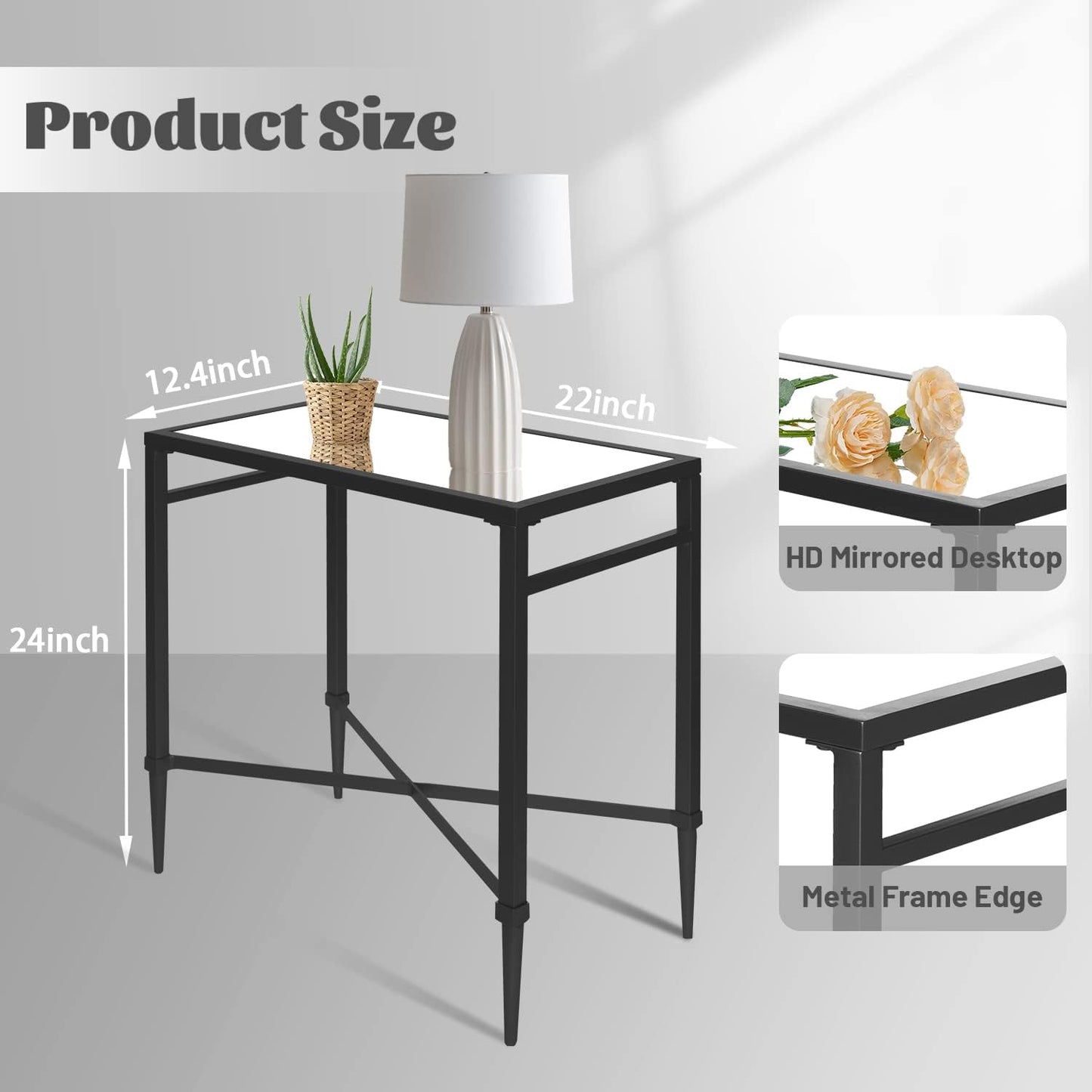 Black End Table, Rectangle Side Table with Mirrored Top, Modern Metal End Table, Small Narrow Side
