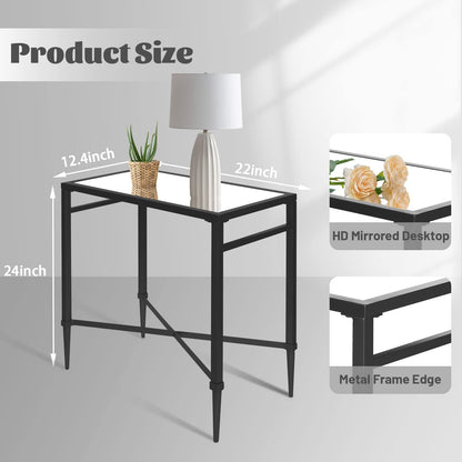 Black End Table, Rectangle Side Table with Mirrored Top, Modern Metal End Table, Small Narrow Side