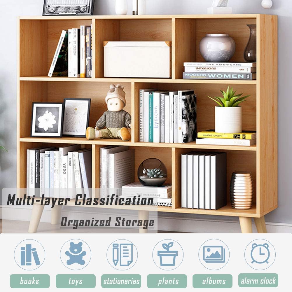 IOTXY Wooden Open Shelf Bookcase - 3-Tier Floor Standing Display Cabinet Rack with Legs, 8 Cubes