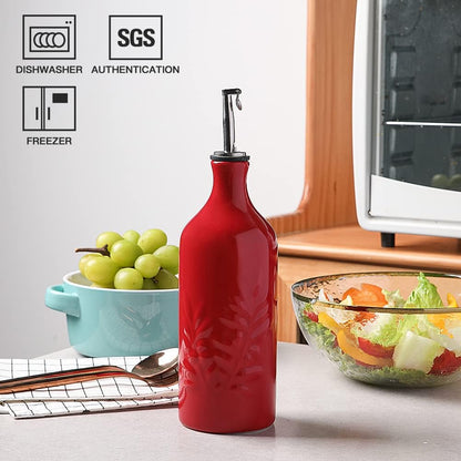 Sweejar Ceramic Olive Oil Dispenser Bottle, 20 Oz Relief Opaque Oil Cruet Protects Oil To Reduce
