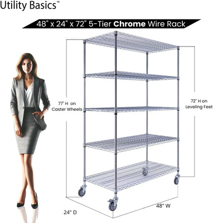 48"x24"x72" Chrome 5-Tier PREMIUM Wire Shelving NSF 4000 LBS MAX CAPACITY Heavy Duty Steel Storage