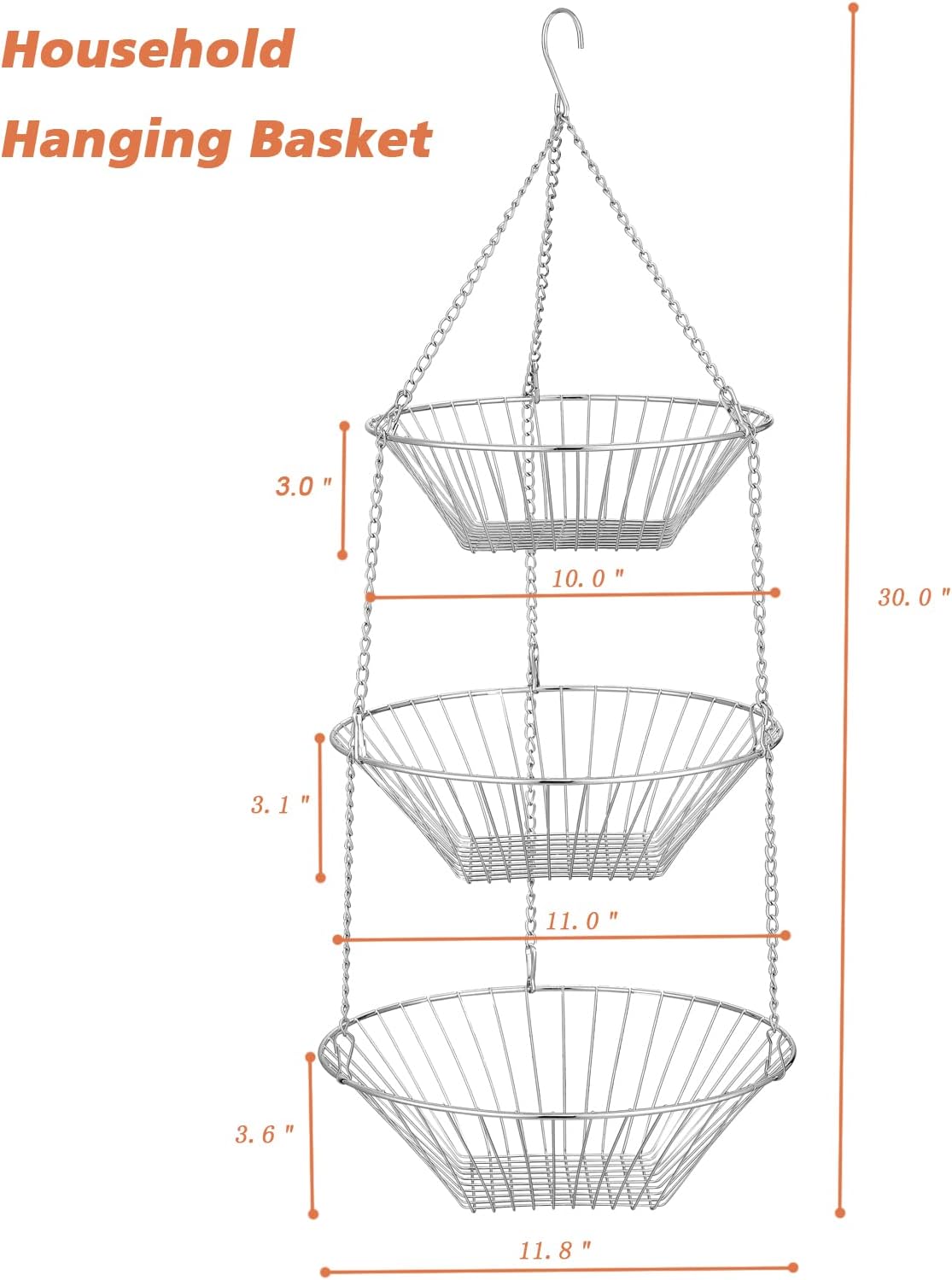 3-Tier Wire Fruit Hanging Basket 2 Packs, non-Punching Wall Hanging Storage, Kitchen Bathroom