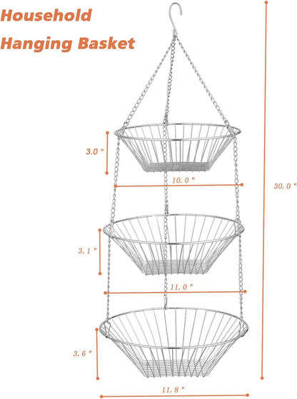 3-Tier Wire Fruit Hanging Basket 2 Packs, non-Punching Wall Hanging Storage, Kitchen Bathroom