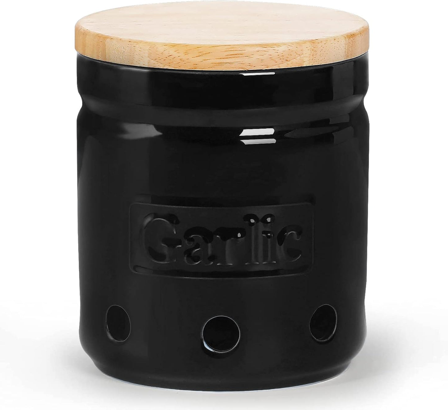 ONTUBE Large Garlic Keeper with Wooden Lid, Ceramic Garlic Holder Storage, Garlic Container for