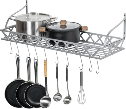 MyGift Wall Mounted Silver-Tone Metal Hanging Kitchen Pots, Pans and Utensils Storage Cookware Rack