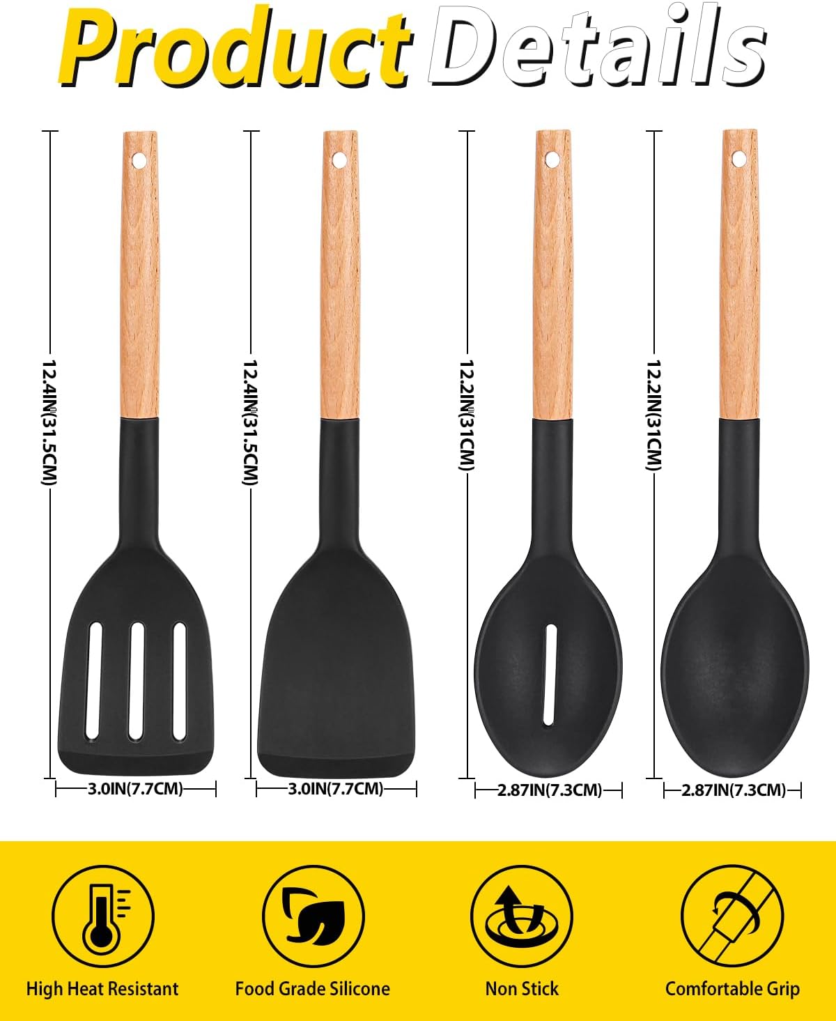 Pack of 4 Silicone Cooking Utensils Set, Non Stick Solid Spatulas and Heat Resistant Slotted Spoons