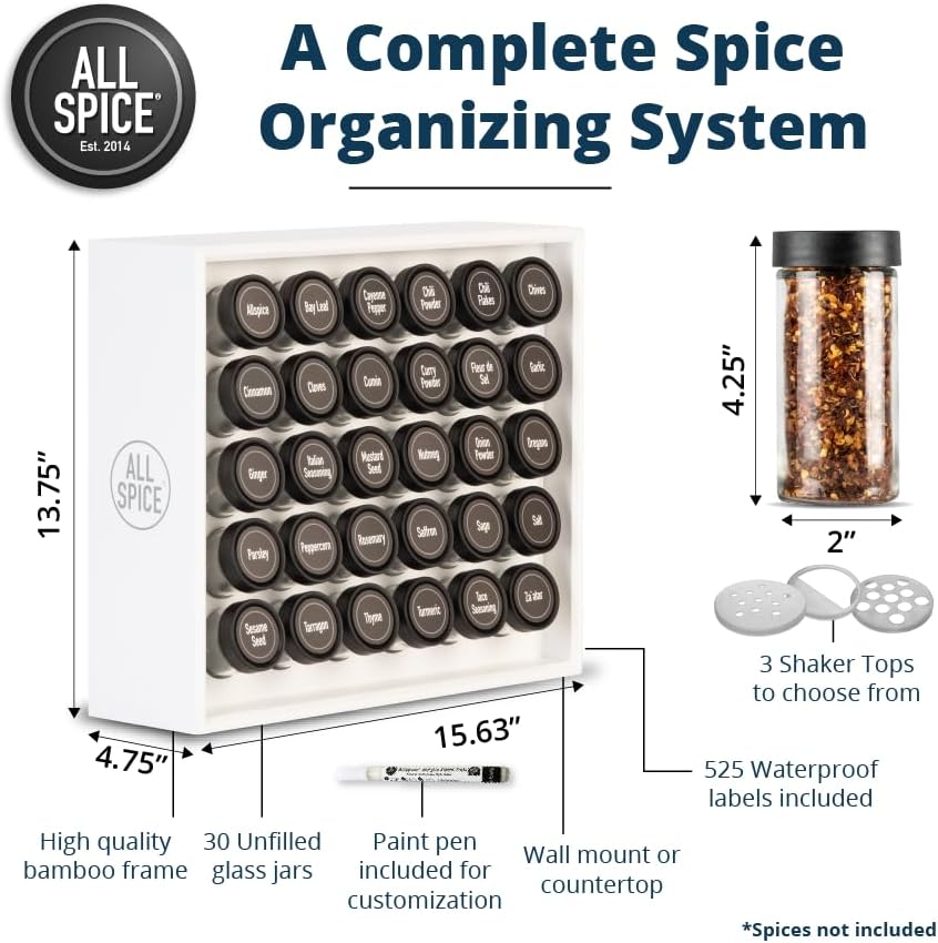 AllSpice Spice Rack Organizer, Wood, 525 Unique Labels, Countertop or Wall Mount, Includes 30 4oz