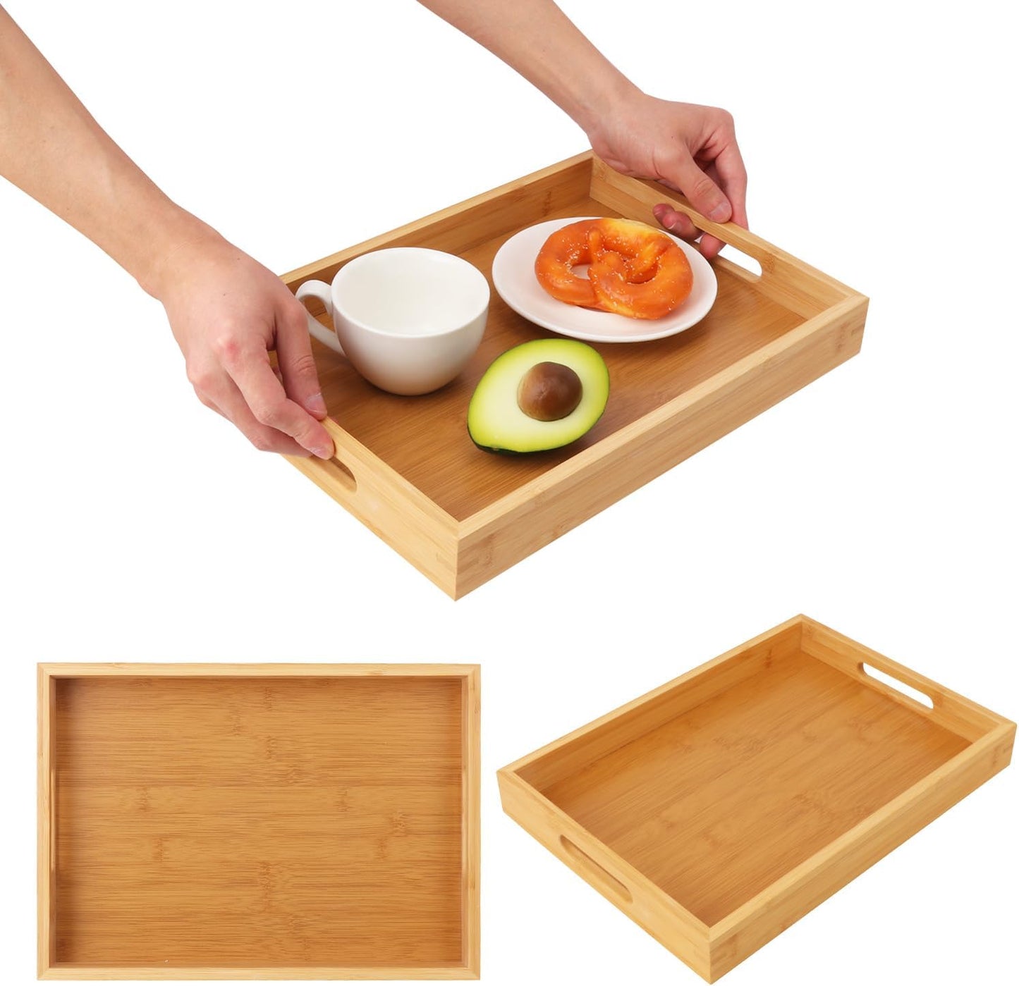 2 Pack Large Bamboo Serving Tray with Handles, 14 x 10 inch Wooden Dinner Tray, Home Kitchen