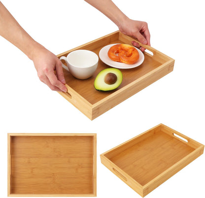 2 Pack Large Bamboo Serving Tray with Handles, 14 x 10 inch Wooden Dinner Tray, Home Kitchen