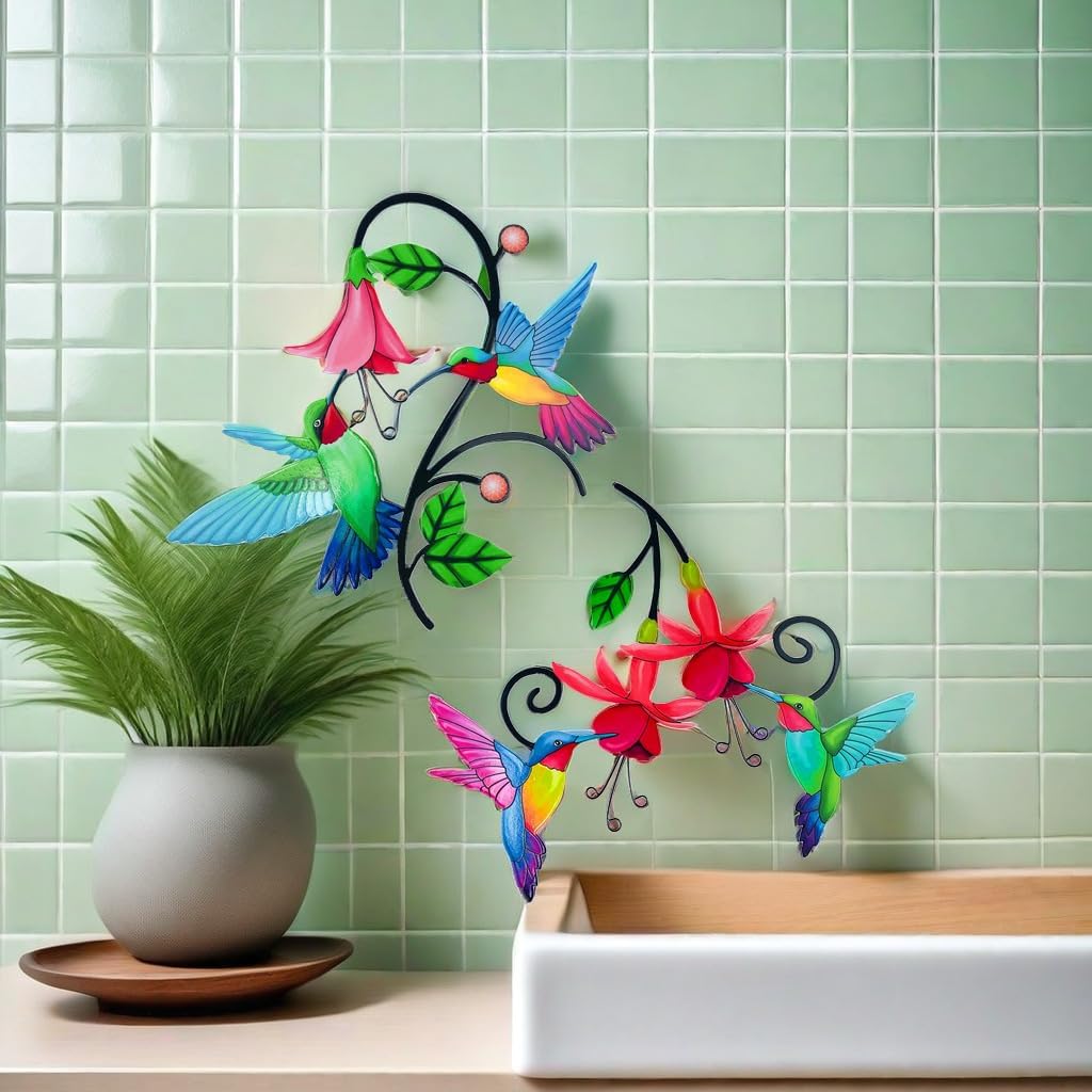 2 Pack Metal Hummingbird & Flower Outdoor Wall Art Decor, Creative Wall Decor for Patio, Fence