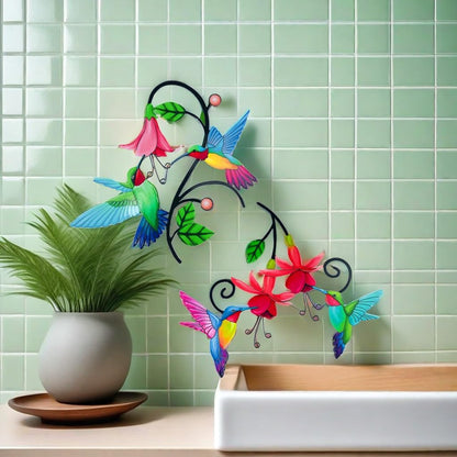 2 Pack Metal Hummingbird & Flower Outdoor Wall Art Decor, Creative Wall Decor for Patio, Fence
