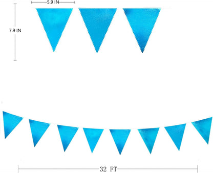 Sky Blue Party Decorations - Light Blue Triangle Pennant Banner Flag - Metallic Fabric Bunting for