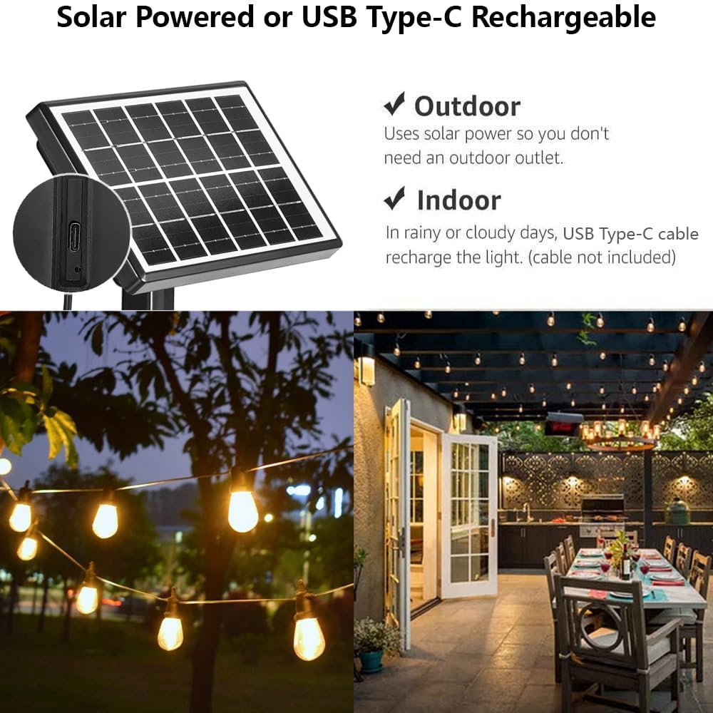 SUNTHIN 100ft Solar String Light Outdoor, USB Rechargeable Patio Solar Outdoor Lights with