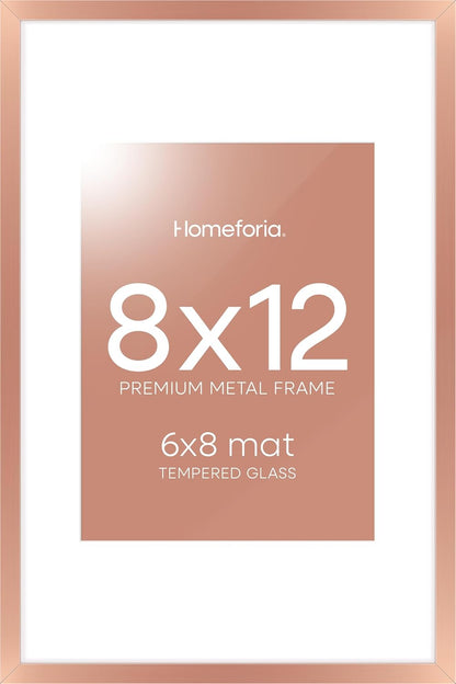 Homeforia 8x12 Picture Frame Rose Gold, High End Metal 8 x 12 Poster Frames with Mat 6 by 8 Photo
