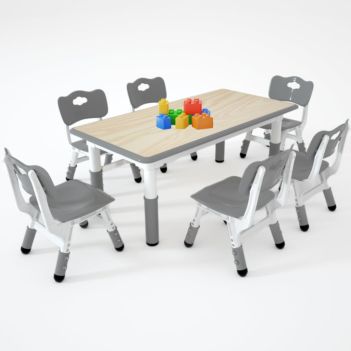 Kids Study Table and 6 Chairs Set,Height Adjustable Table and Chairs for Children and