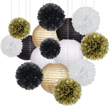 Black Gold Party Decorations, Black Gold Paper Lanterns and Pom Poms Flowers for Birthday Party