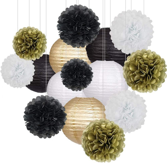 Black Gold Party Decorations, Black Gold Paper Lanterns and Pom Poms Flowers for Birthday Party