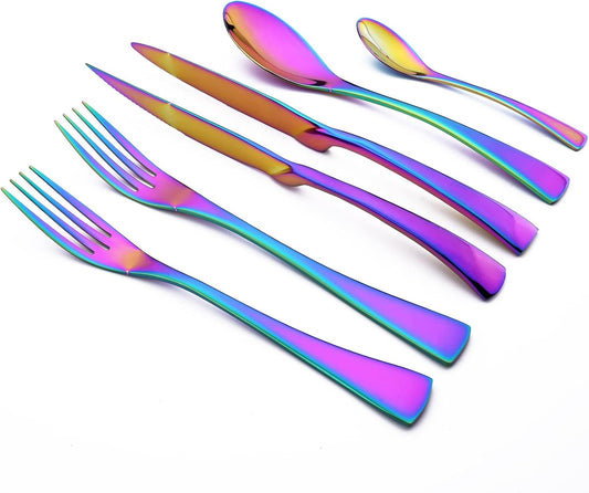 24-Piece Rainbow Flatware, Mirror 18/10 Stainless Steel Modern & Luxury Dinnerware Set With