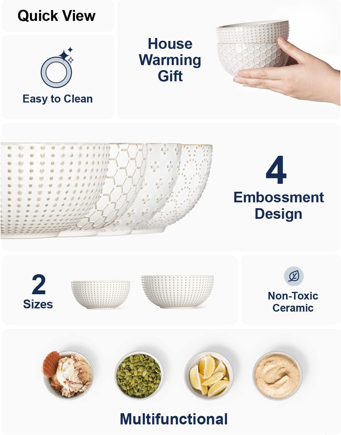 LE TAUCI Small Bowls 12 OZ, Ice Cream Bowl, Ceramic Embossment Stoneware Bowl, Bowls Set for