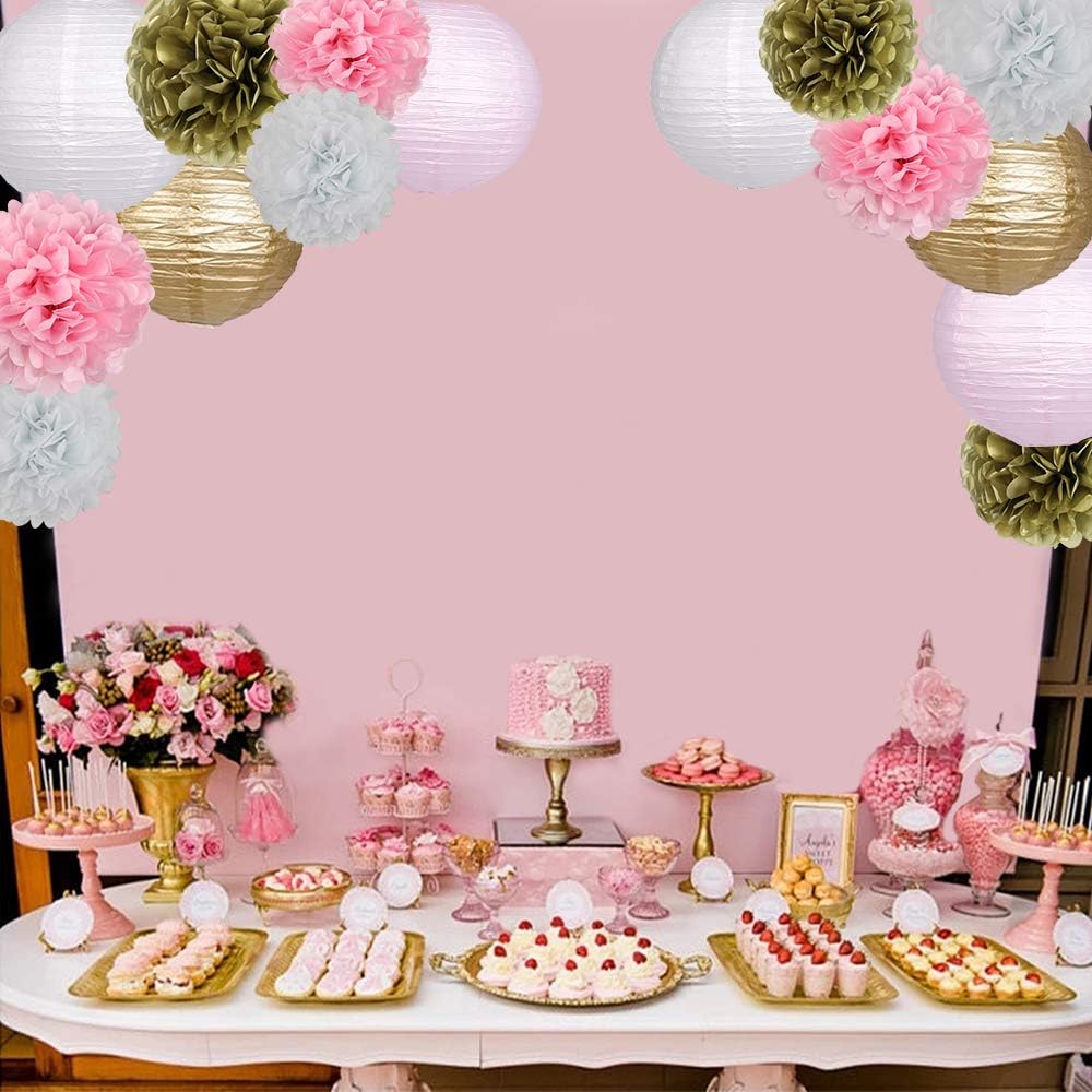 Pink Gold Party Decorations, Pink Gold Paper Lanterns and Pom Poms Flowers for Birthday Party Baby