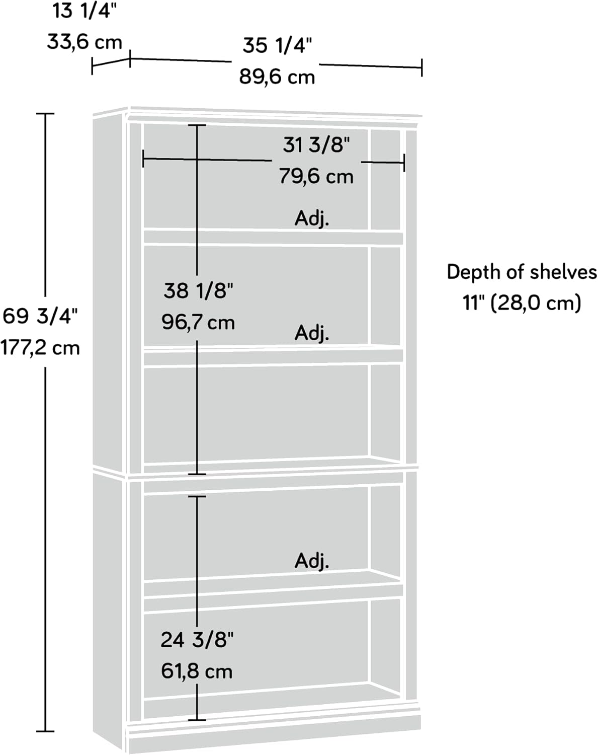Sauder 5 Tier Book Shelf Wooden Bookcase Multipurpose Bookshelf for Home Office, Living Room, in