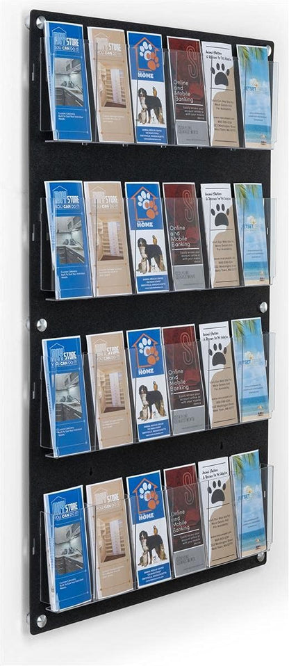 Displays2go Wall Pamphlet Display, Acrylic, 12/24 Adjustable Slots, Aluminum Standoffs - Black