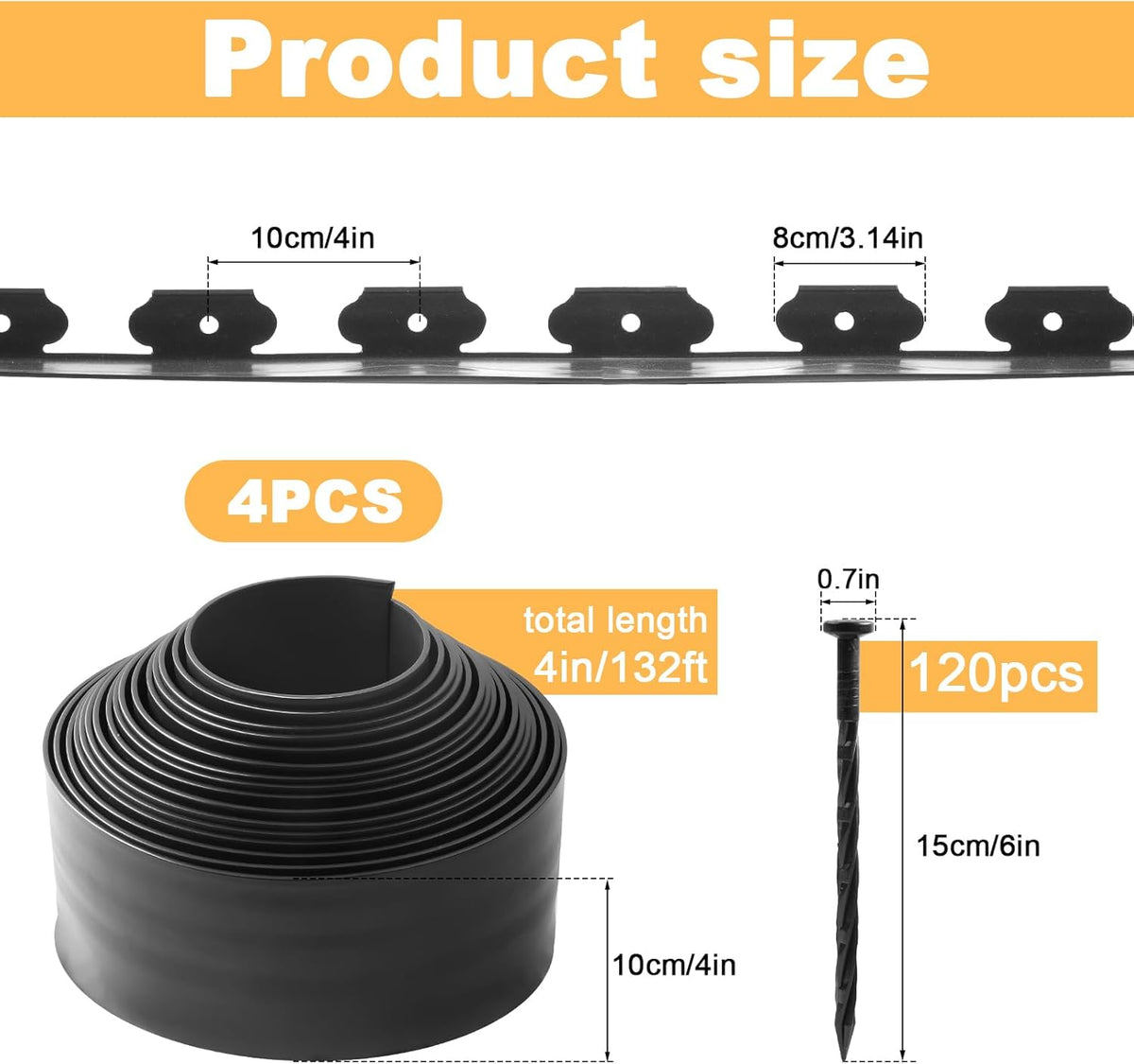 Landscape Edging 4Pack, 4in Tall-132FT Length Garden Edging with 120pcs Spikes, Plastic No Dig